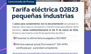 TARIFA ELÉCTRICA A PEQUEÑAS INDUSTRIAS: VENCE EL PLAZO PARA CUMPLIMENTAR LA DOCUMENTACIÓN 