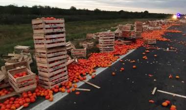 UN CAMIÓN REPLETO DE CÍTRICOS VOLCÓ CERCA DE LA ESCONDIDA