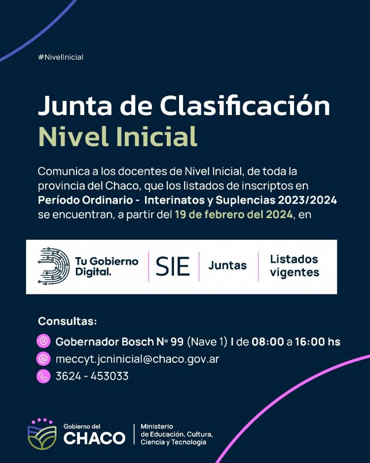 EDUCACIÓN: JUNTA DE NIVEL INICIAL COMUNICA QUE LISTAS DE INTERINATOS Y SUPLENCIAS SE ENCUENTRAN EN SIE 