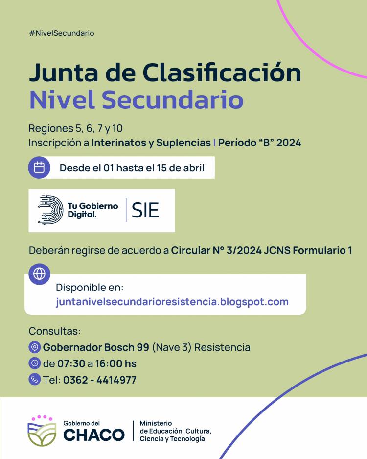 NIVEL SECUNDARIO: JUNTA SEDE RESISTENCIA ABRE INSCRIPCIÓN A INTERINATOS Y SUPLENCIAS